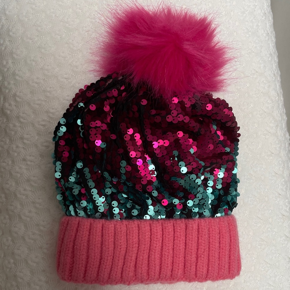 Sequin Pom-Pom Kids Beanie - Pink and Green